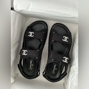 NEW Chanel Fabric Dad Sandal Strap Black Crystal CC Sz 37 7 Grandpa Birkenstock